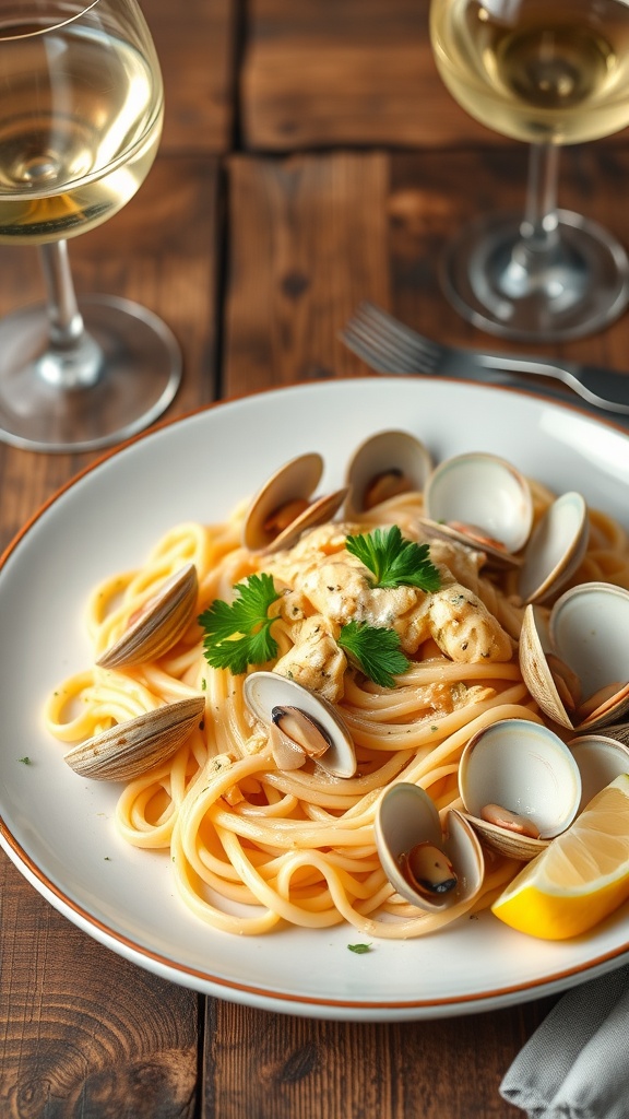A delicious serving of linguine with clam sauce garnished with parsley and a lemon wedge, on a rustic table.